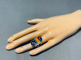 Spectacular Native American Navajo Signed Cosmic Inlay Jet Coral Sterling Silver Oval Ring-Nativo Arts