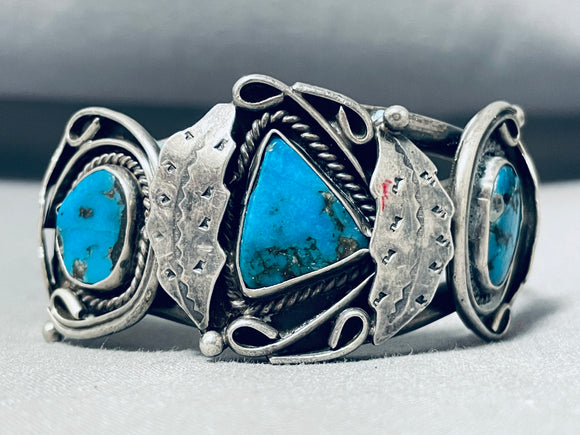 Majestic Vintage Native American Navajo 3 Morenci Turquoise Sterling Silver Bracelet-Nativo Arts