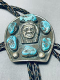 Chief Vintage Native American Navajo Turquoise Sterling Silver Bolo Tie Old-Nativo Arts