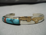 Symbolic Vintage Native American Navajo Gold Yei Blue Warrior Turquoise Sterling Silver Bracelet-Nativo Arts
