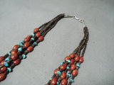 Native American Tremendous Santo Domingo 5 Strand Turquoise Coral Sterling Silver Necklace-Nativo Arts