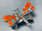 Rare Native American Navajo Signed Inlay Coral Kingman Turquoise Sterling Silver Dragonfly Cuff-Nativo Arts