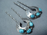 Dynamic Vintage Native American Navajo Kingman Turquoise Sterling Silver Hairpins Old-Nativo Arts