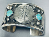 Signed San Felipe Royston Turquoise Sterling Silver Coin Bracelet-Nativo Arts