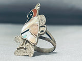 Superb Vintage Native American Zuni Inlay Mother Of Pearl Quail Sterling Silver Ring-Nativo Arts