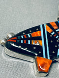 Brilliant Native American Navajo Signed Coral Jet Turquoise Inlay Sterling Silver Bear Pendant-Nativo Arts