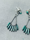Early 1900s Vintage Native American Zuni Blue Gem Turquoise Needlepoint Sterling Silver Earrings-Nativo Arts