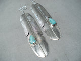Eye-catching Native American Navajo Blue Diamond Turquoise Sterling Silver Feather Earrings-Nativo Arts