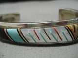 Authentic Vintage Native American Navajo Turquoise Inlay Sterling Silver Bracelet Old-Nativo Arts