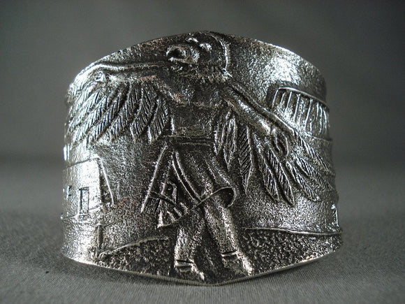 Dancing Eagle Super Heavy Navajo Native American Jewelry Silver Tufa Cast Bracelet-Nativo Arts