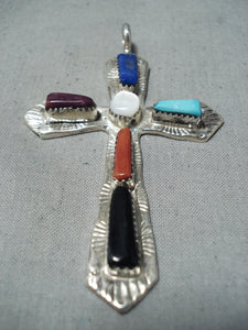 Eye Catching Vintage Native American Zuni Turquoise Coral Sterling Silver Cross Pendant-Nativo Arts