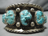 Museum Vintage Zuni Native American Navajo Carved Turquoise Heavy Sterling Silver Bracelet-Nativo Arts