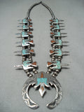 Native American Amazing Vintage Navajo Turquoise Inlay Sterling Silver Squash Blossom Necklace-Nativo Arts