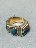Native American Lander Blue Turquoise Vintage 14k Gold Richard Tsosie Inlay Turquoise Ring-Nativo Arts