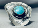 Signed Native American Navajo Old Kingman Turquoise Sterling Silver Cowboy Hat Ring-Nativo Arts
