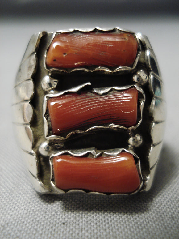 Wonderful Huge Vintage Native American Navajo Chunky Red Coral Sterling Silver Ring-Nativo Arts
