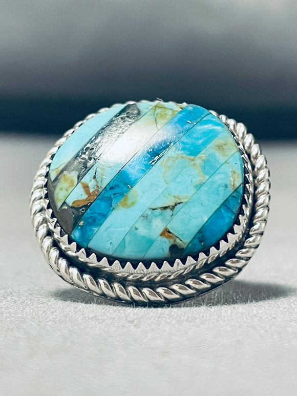 Massive Inlay Native American Navajo Channel Turquoise Sterling Silver Ring-Nativo Arts