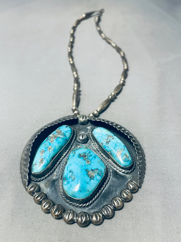 Jawdropping Vintage Native American Navajo Turquoise Chunk Sterling Silver Necklace Old-Nativo Arts
