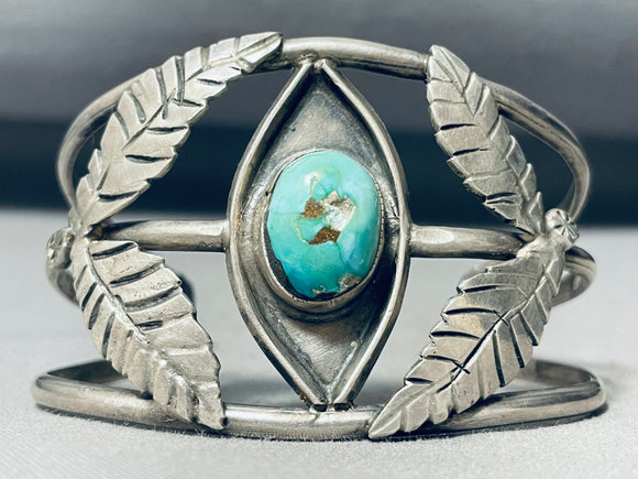 Leaf Protection Vintage Native American Navajo Turquoise Sterling Silver Bracelet Cuff Old-Nativo Arts