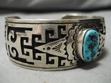 Intricate!! Vintage Native American Navajo Turquoise Geomtric Rug Sterling Silver Bracelet-Nativo Arts