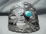 Early 1900's Vintage Native American Navajo Crossed Arrows Turquoise Sterling Silver Bracelet-Nativo Arts