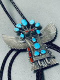 Huge 4 Inch Long Vintage Native American Navajo Kachina Turquoise Sterling Silver Bolo Tie-Nativo Arts