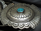 Signed Big Hand Tooled Vintage Native American Navajo Turquoise Sterling Silver Concho Belt-Nativo Arts