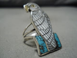 Important Native American Zuni Harlan Coonsis Bird Eagle Turquoise Sterling Silver Ring-Nativo Arts