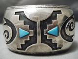 Huge Heavy Vintage Native American Navajo Hopi Turquoise Sterling Silver Rug Bracelet Old-Nativo Arts