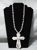 Huge Vintage Native American Navajo Christian Cross Turquoise Sterling Silver Necklace Old-Nativo Arts