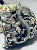 Detail Heavy 208 Grams Native American Lizard Turquoise Sterling Silver Bracelet-Nativo Arts