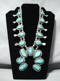 Signed Vintage Native American Navajo Blue Turquoise Sterling Silver Squash Blossom Necklace-Nativo Arts