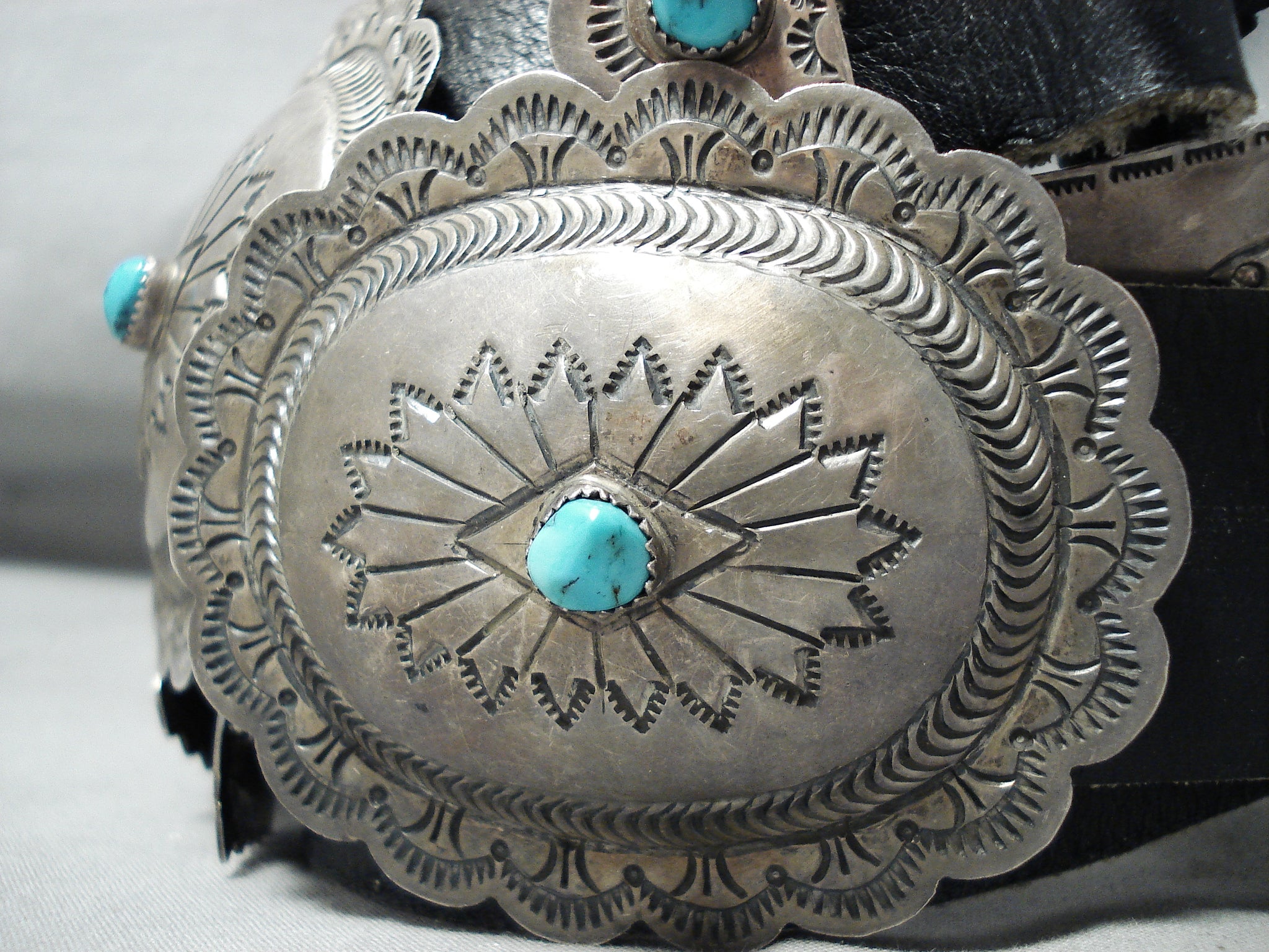 Item #978A- Navajo Turquoise Sun Symbols Stamped Sterling Silver Butterfly Concho Belt by de Chelly —Native American Turquoise & Silver Concho Belts
