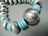 Massive Tubule Hand Tooled Native American Navajo Turquoise Sterling Silver Necklace Earrings-Nativo Arts