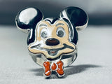 Whimsical Native American Zuni Coral Sterling Silver Mickey Mouse Ring-Nativo Arts