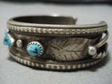 Impressive Vintage Native American Navajo Raised Border Turquoise Sterling Silver Bracelet Cuff-Nativo Arts