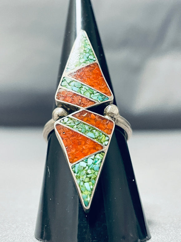 Channel Inlay Vintage Native American Navajo Turquoise Coral Sterling Silver Ring-Nativo Arts