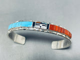 Marvelous Native American Zuni Signed Inlay Sunface Turquoise Coral Jet Sterling Silver Bracelet-Nativo Arts