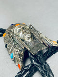 Chief Head Vintage Sterling Silver Turquoise Spiny Oyster Bolo Tie-Nativo Arts