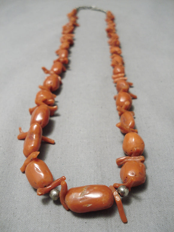 Chunky Big Vintage Native American Navajo Red Coral Sterling Silver Necklace Old-Nativo Arts