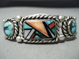 Intricate Vintage Native American Navajo Turquoise Inlay Sterling Silver Bracelet-Nativo Arts