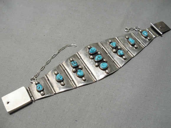 One Of The Best Vitnage Native American Navajo Turquoise Sterling Silver Link Bracelet Old-Nativo Arts