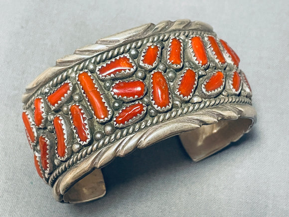 Signed Heavy Coral Fetish Vintage Native American Navajo Sterling Silver Bracelet-Nativo Arts