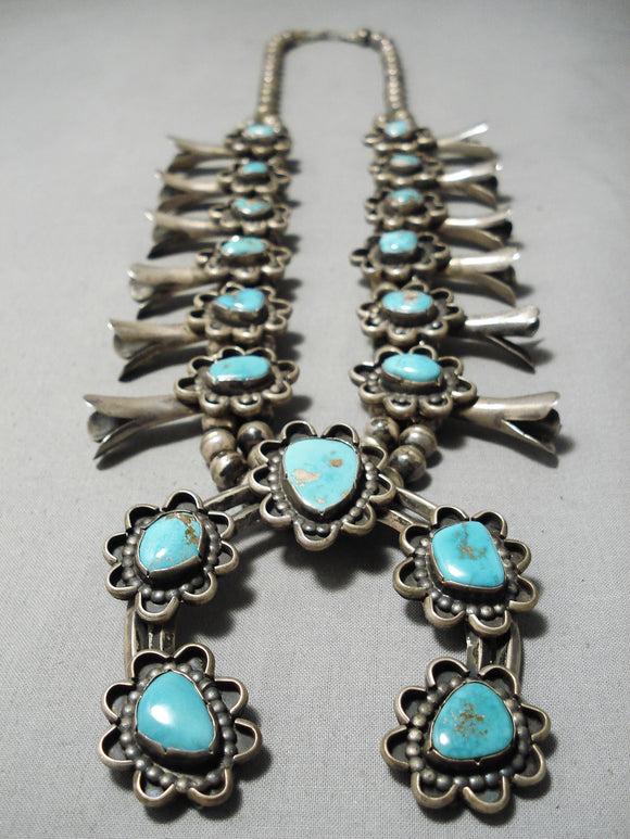 Authentic Vintage Native American Navajo Huge Turquoise Sterling Silver Squash Blossom Necklace-Nativo Arts