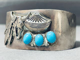 Detailed Wide Vintage Native American Navajo Turquoise Sterling Silver Feather Bracelet-Nativo Arts
