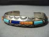 Thick Sturdy Vintage Native American Navajo Turquoise Inlay Sterling Silver Bracelet-Nativo Arts