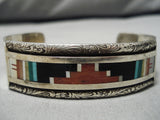 Superior Vintage Zuni Native American Navajo Turquoise Inlay Geomtric Sterling Silver Bracelet-Nativo Arts
