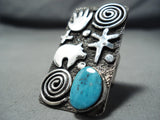 Fascinating Native American Navajo Kingman Turquoise Sterling Silver Bear Ring-Nativo Arts