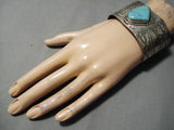 Wide Vintage Native American Navajo Hand Tooled #8 Turquoise Sterling Silver Bracelet-Nativo Arts