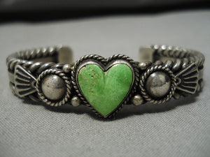 Important Vintage Native American Navajo Heart Gaspeite Sterling Silver Bracelet Old Cuff-Nativo Arts